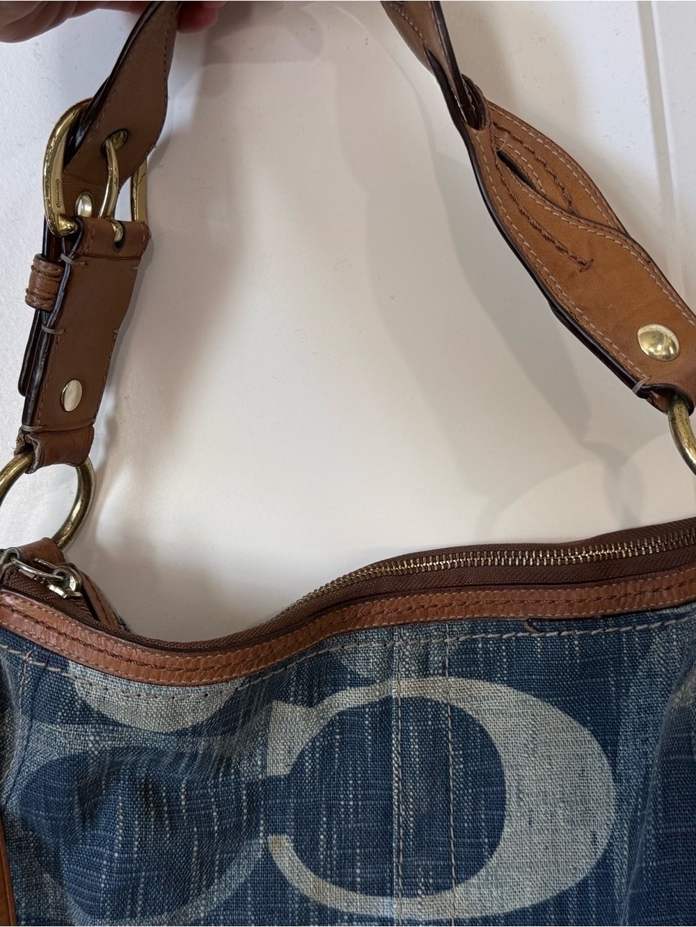 Coach Denim Signature Canvas Shoulder Bag with Brown Leather Trim - Picture 6 of 15